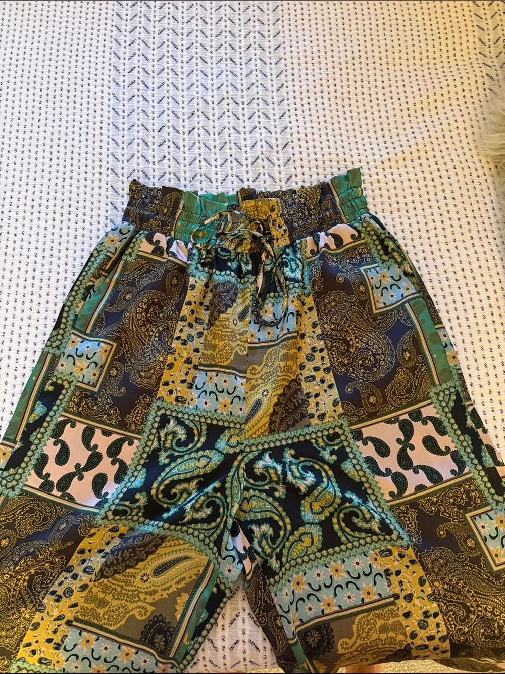 Free People Patchwork Paisley Wide Leg Pants - Green, Mustard & Pink